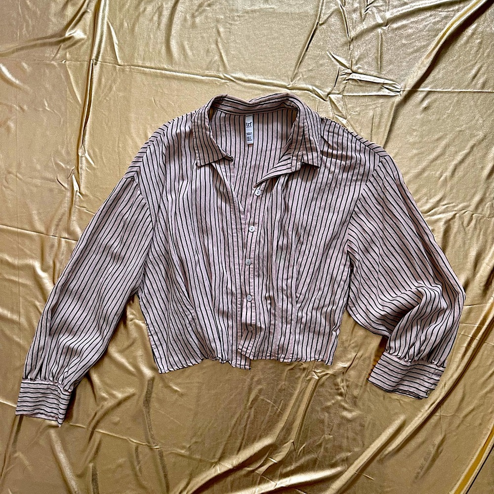 Nude and black pinstripe crop button front shirt